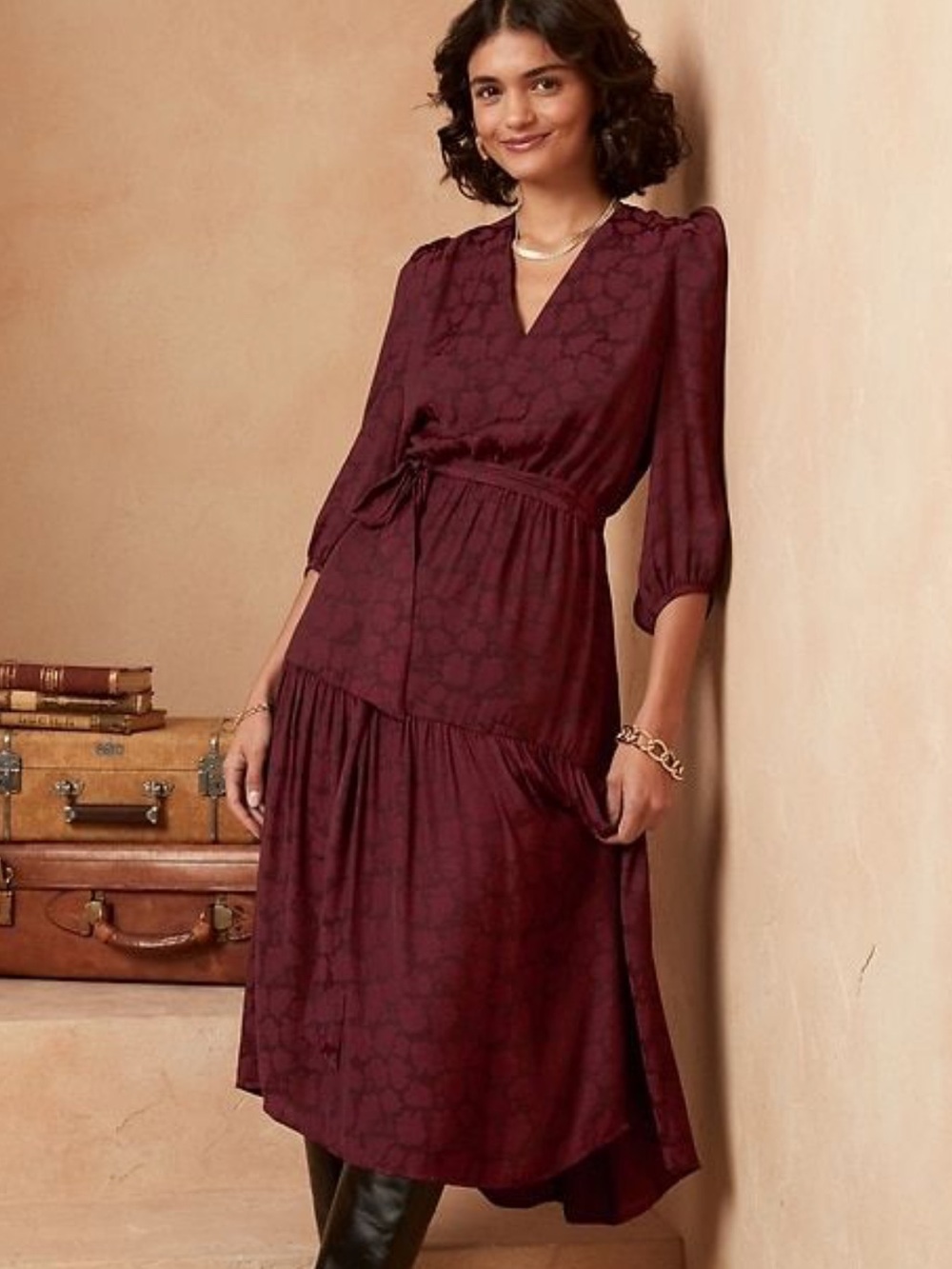 Banana Republic Floral Bohemian Maroon Midi Dress 3/4 Sleeves, size small T new!